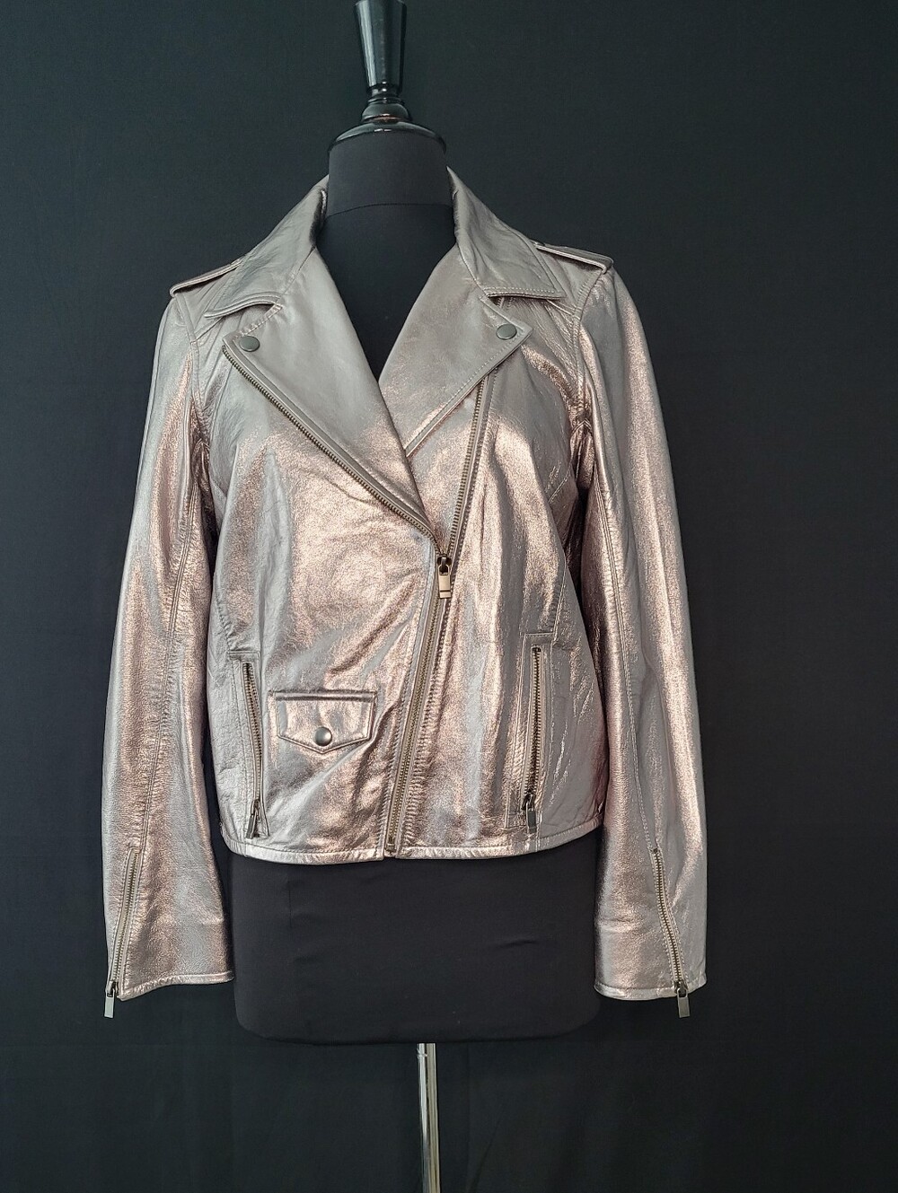 AS by DF Metallic Silver Leather Moto Biker Jacket